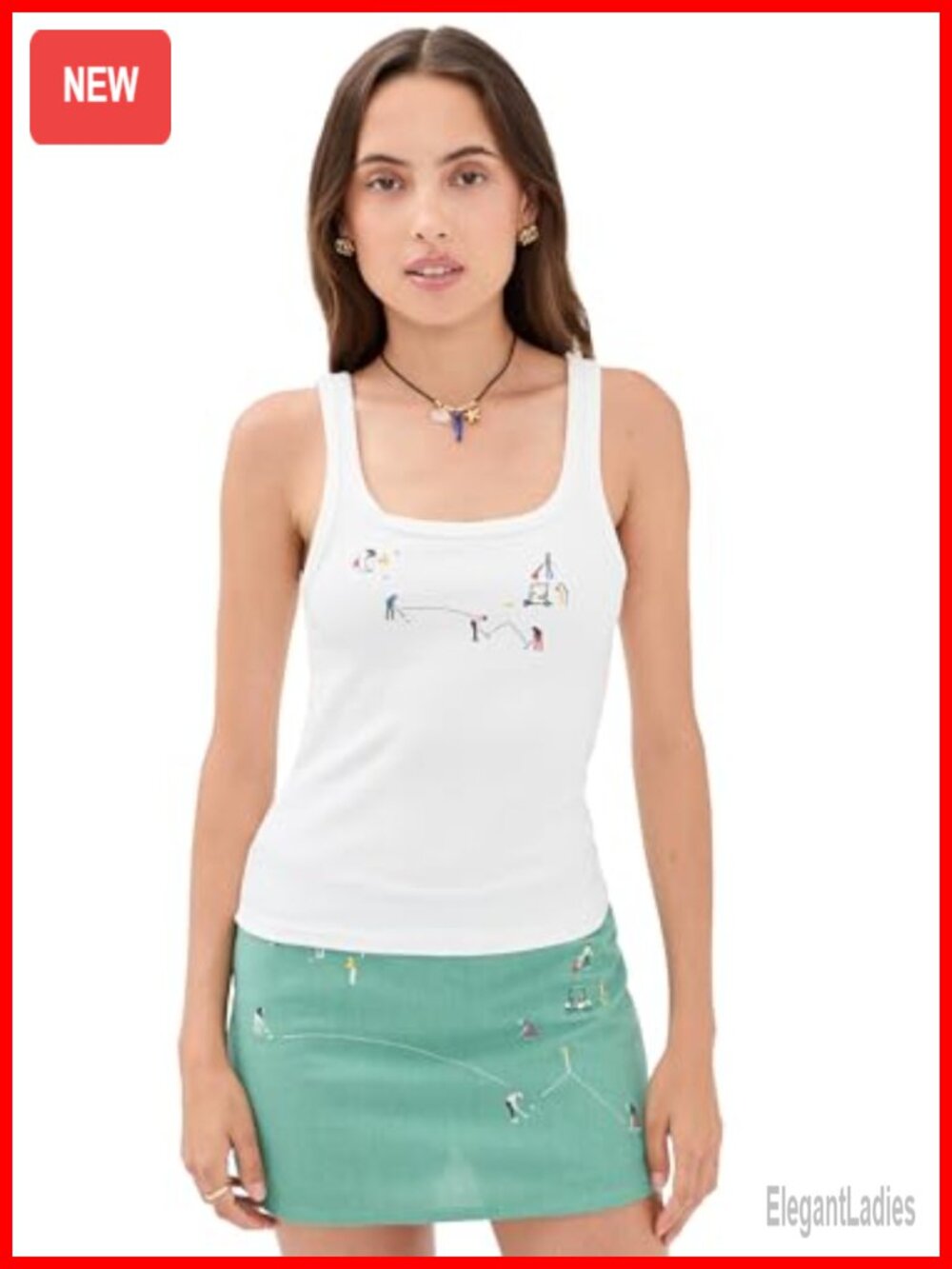 Lightweight Stretch Jersey Scoop Neck Tank Top Embroidered Golf Scene